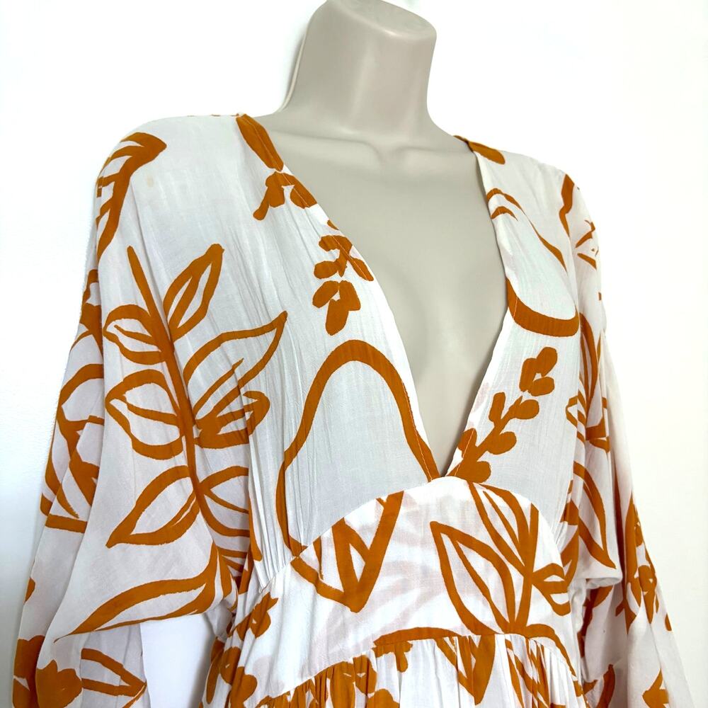 Gillia Floral Coverup Midi Dress White Yellow Size S Blee Sleeve Rayon Handmade - Picture 3 of 10